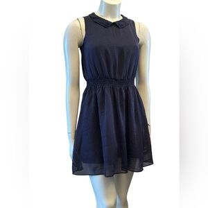Elegant Sleeveless Navy Dress With Purple Polka Dots and Crochet Lace Collar